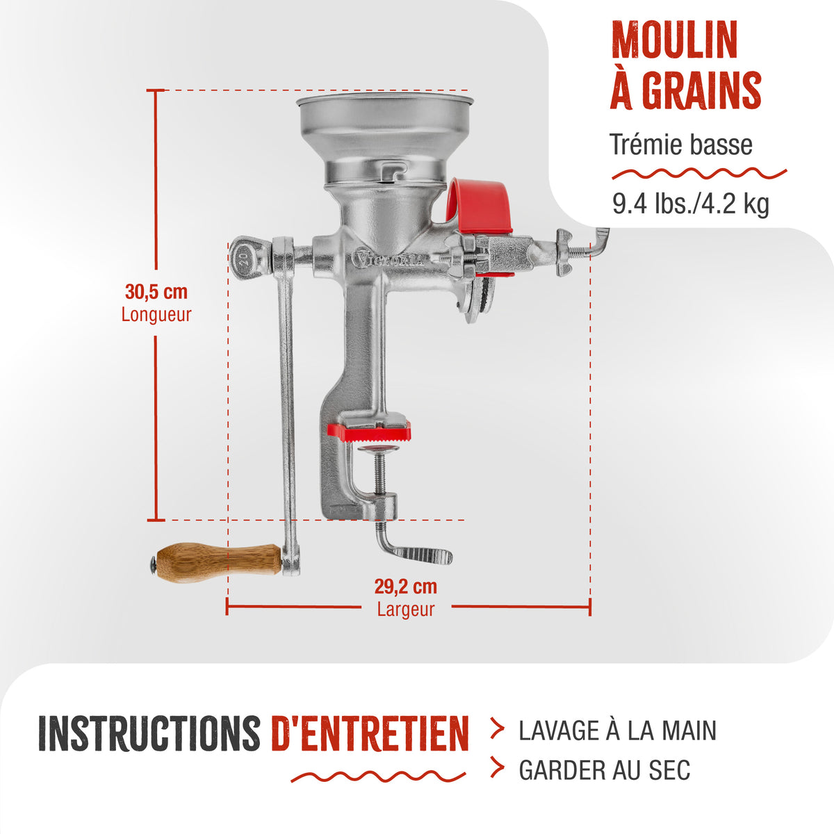Moulin à Grains Manuel en Fonte avec Trémie Basse