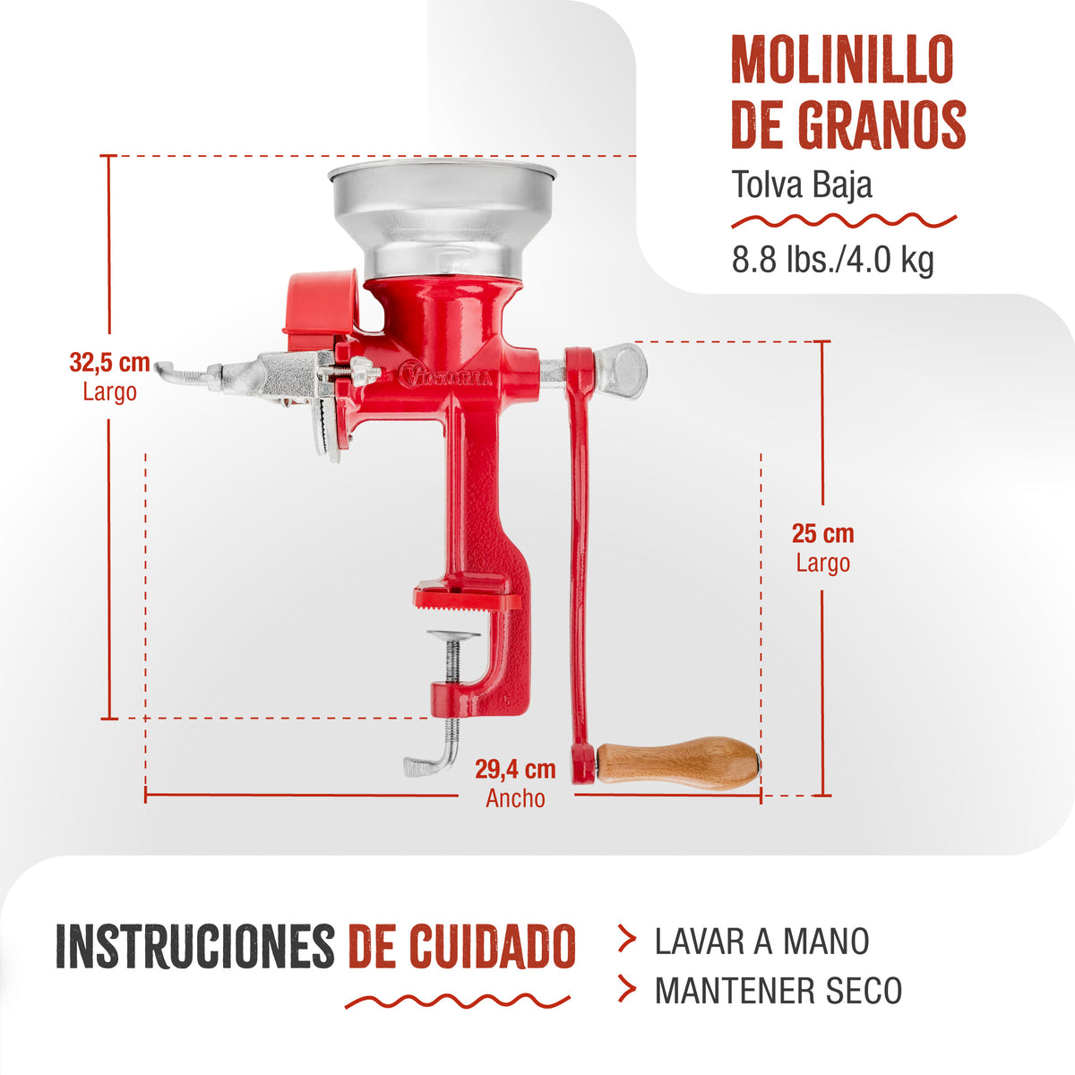 Molino Manual de Hierro Fundido Tolva Baja Rojo