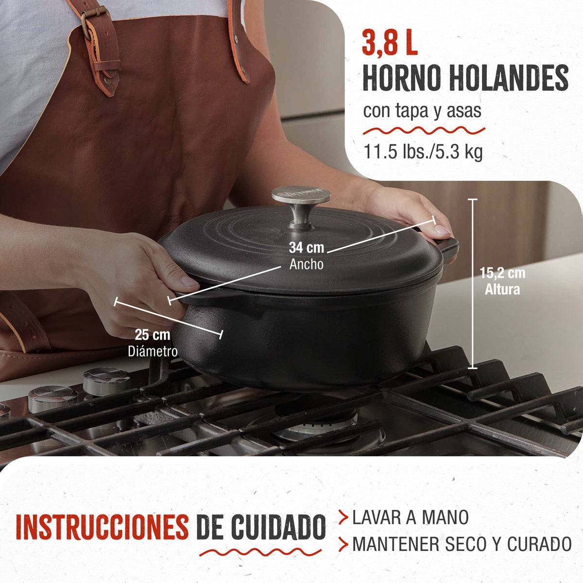 Horno Holandés Hierro Fundido Curado 3.8L