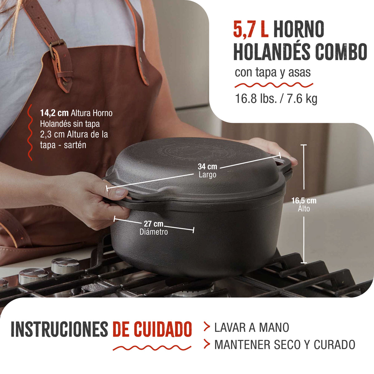 Horno Holandés Combo Hierro Fundido Curado 5.7L