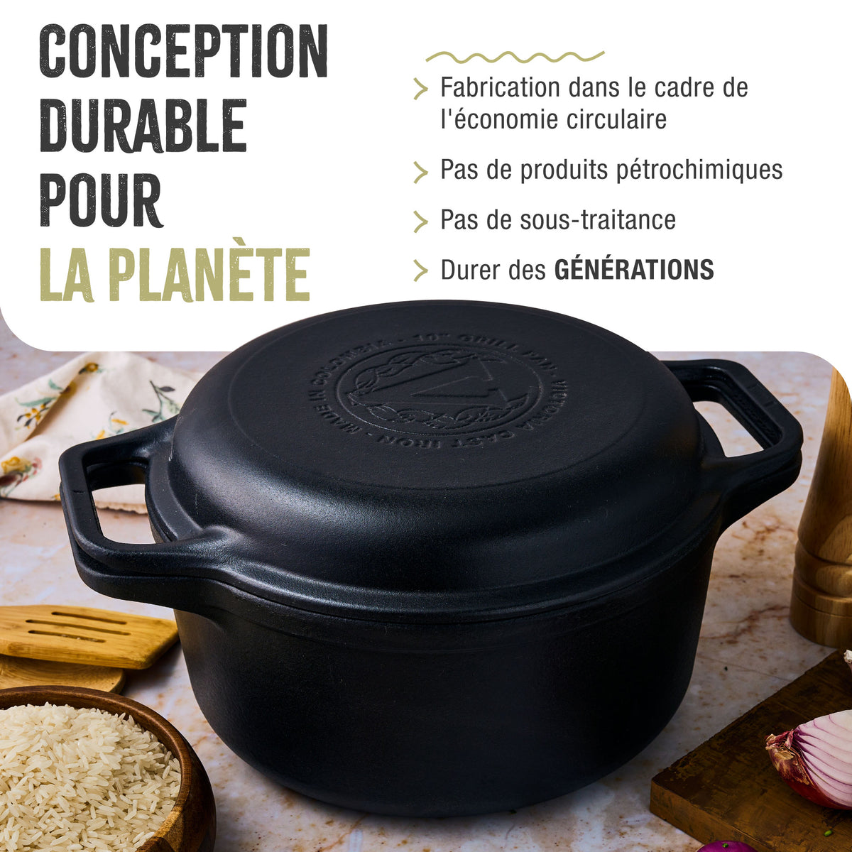 Cocotte et Poêle Combo en Fonte Assaisonnée 5.7 L
