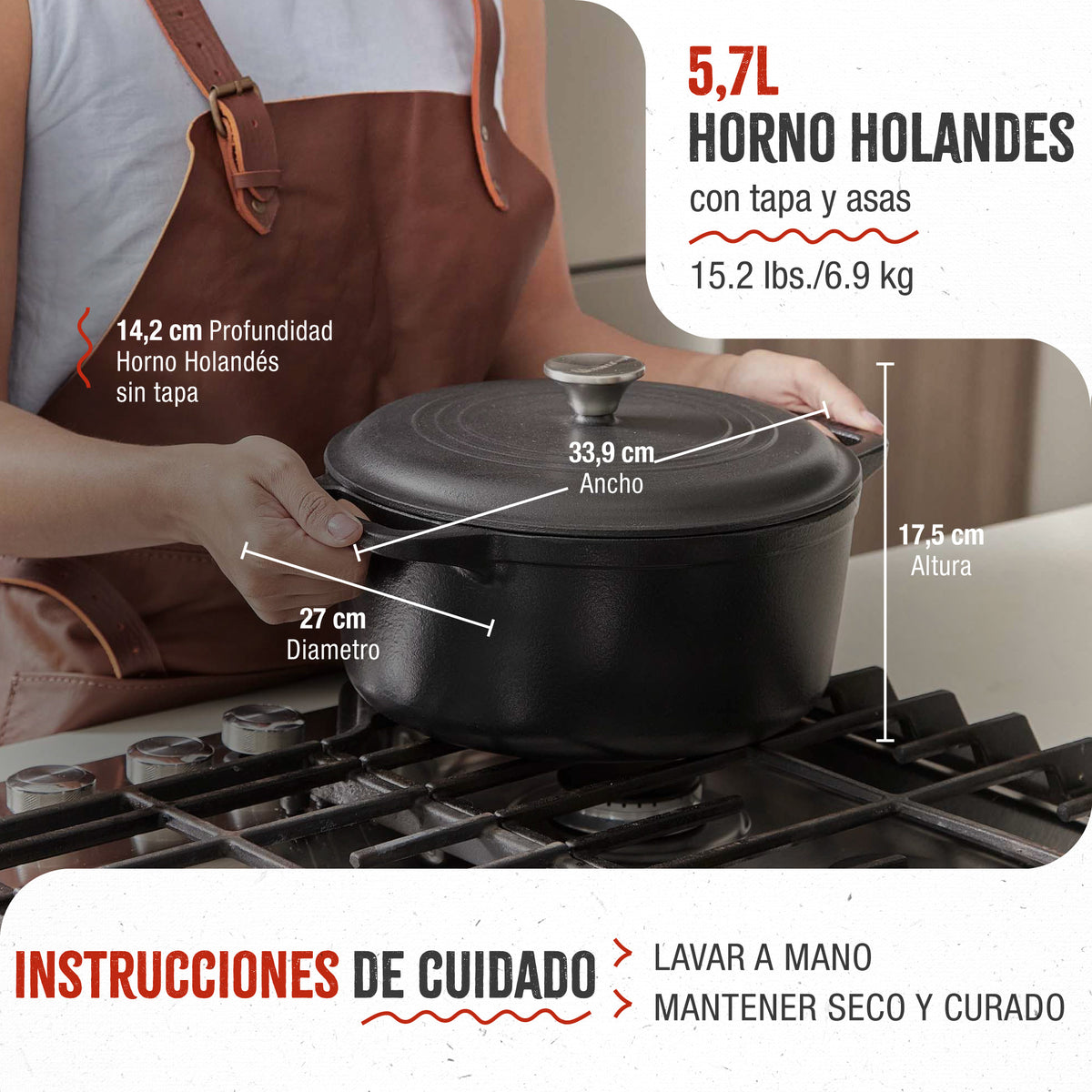 Horno Holandés Hierro Fundido Curado 5.7L