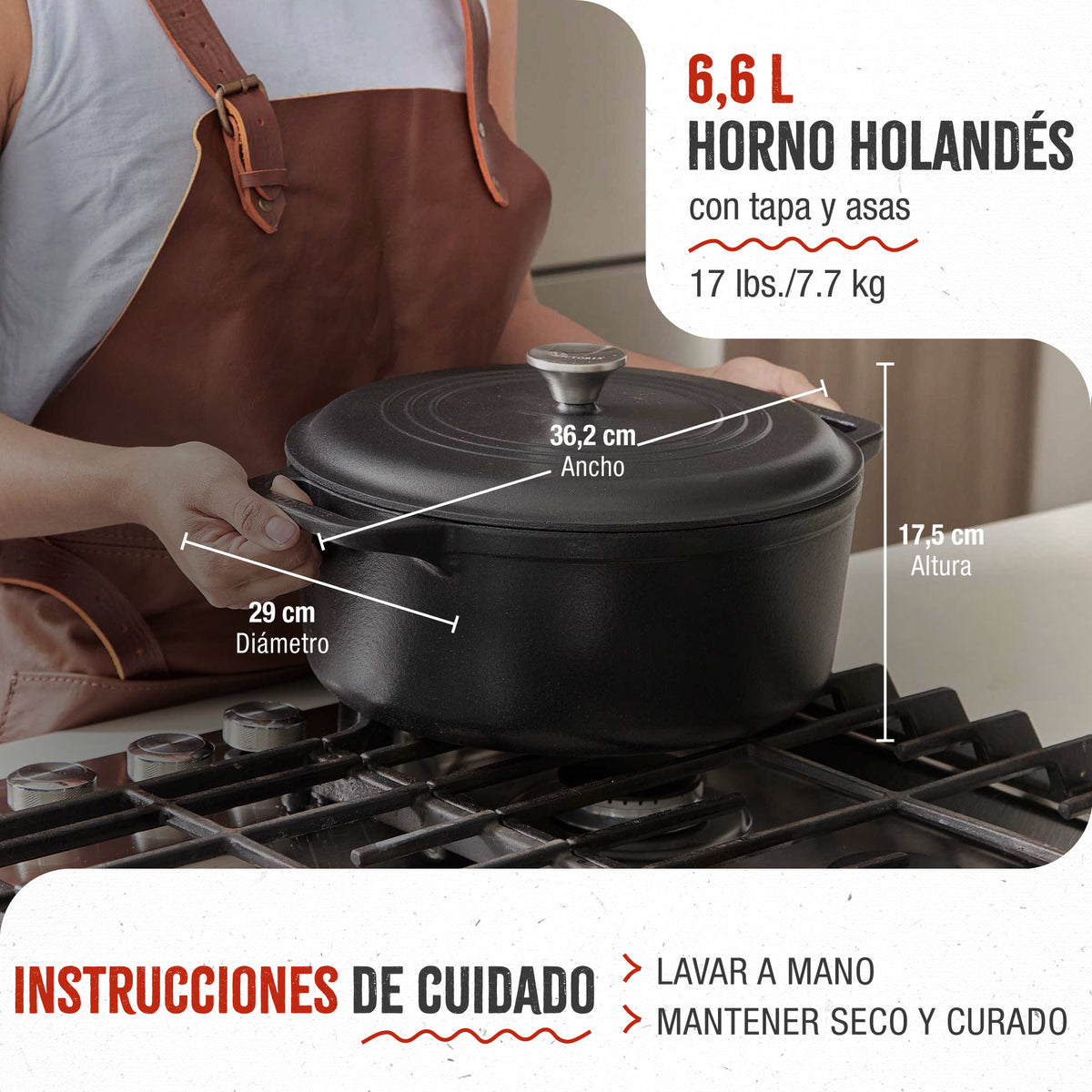 Horno Holandés Hierro Fundido Curado 6.6L