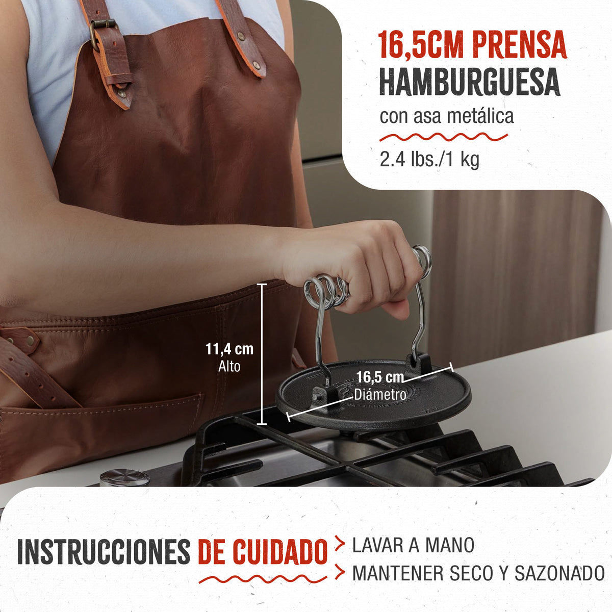 Prensa Hamburguesas Hierro Fundido Curado 16.5cm