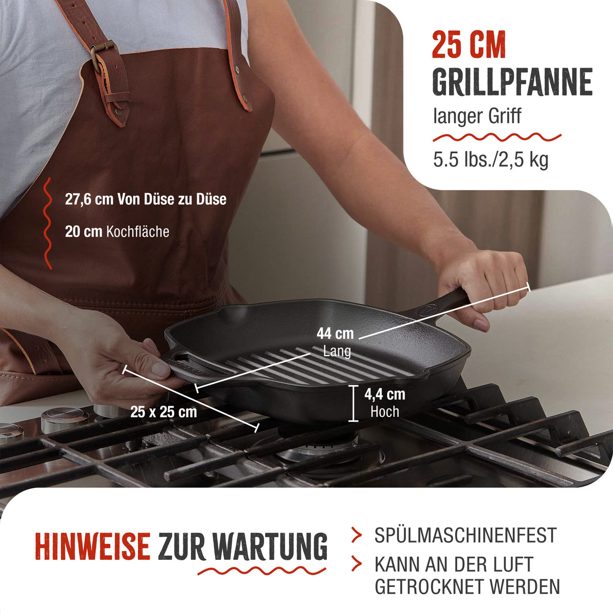 Grillpfanne Emaillierte Gusseisen 25x25 cm