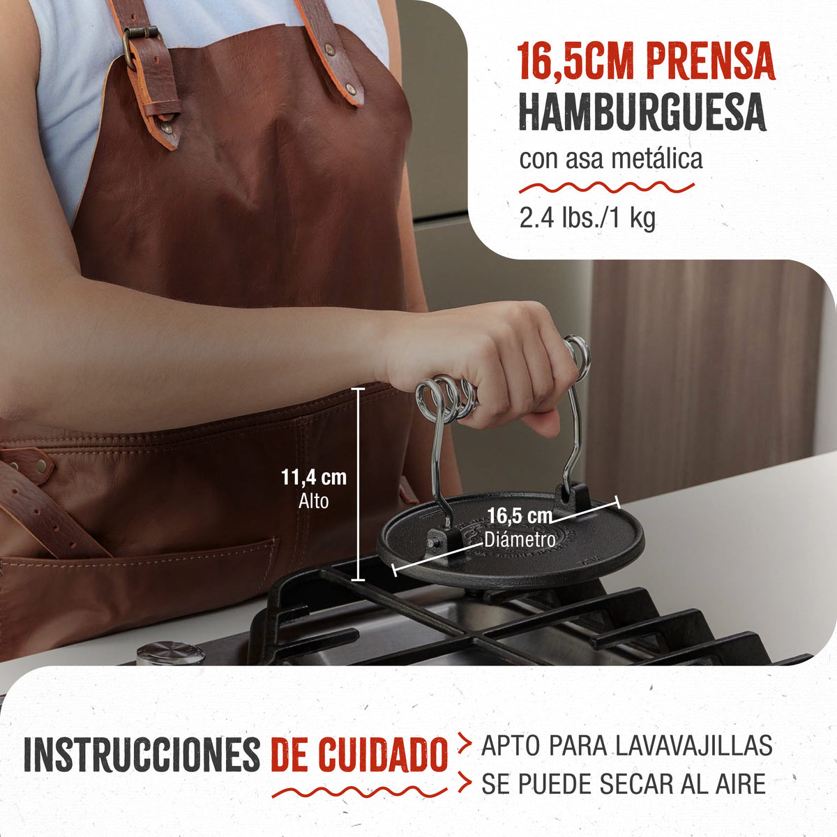 Prensa Hamburguesas Hierro Fundido Esmaltado 16.5cm