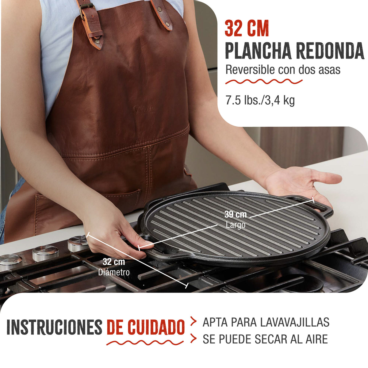 Plancha Asar Redonda Hierro Fundido Esmaltado 32 cm
