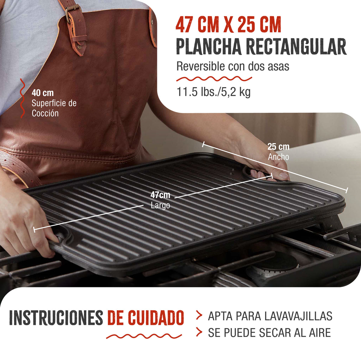 Plancha Asar Reversible Hierro Fundido Esmaltado 47x25cm