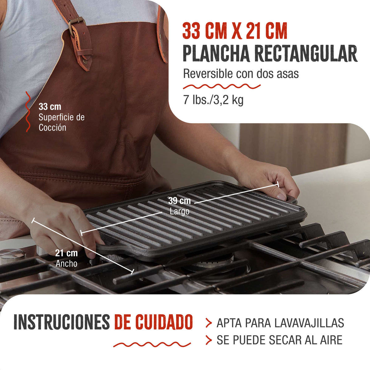 Plancha Asar Reversible Hierro Fundido Esmaltado 33x21cm