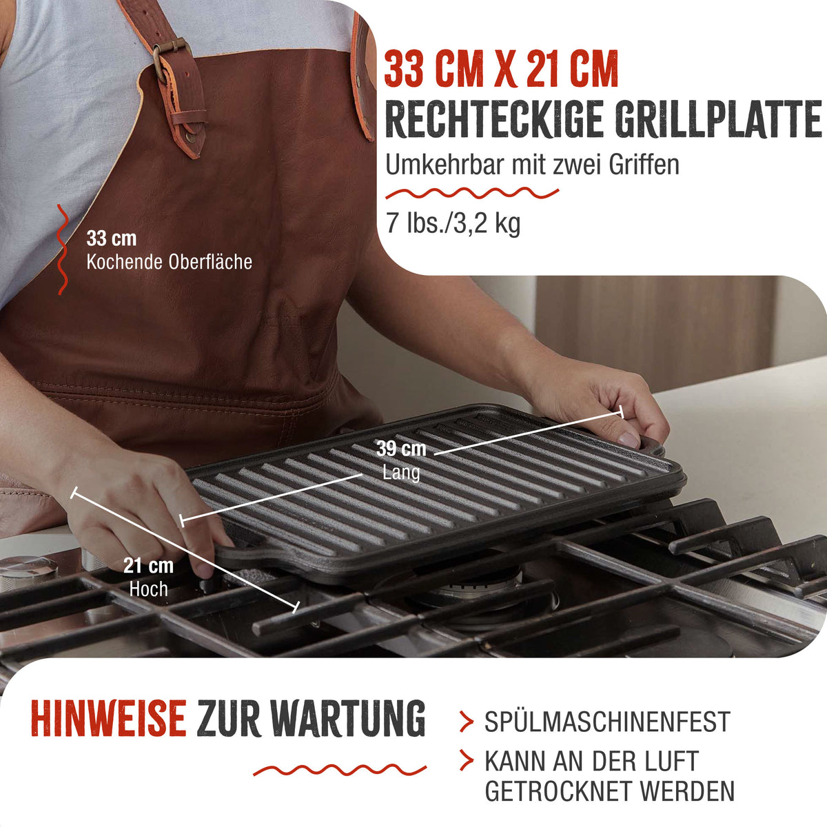 Wendbare Grillplatte Emaillierte Gusseisen 33x21 cm