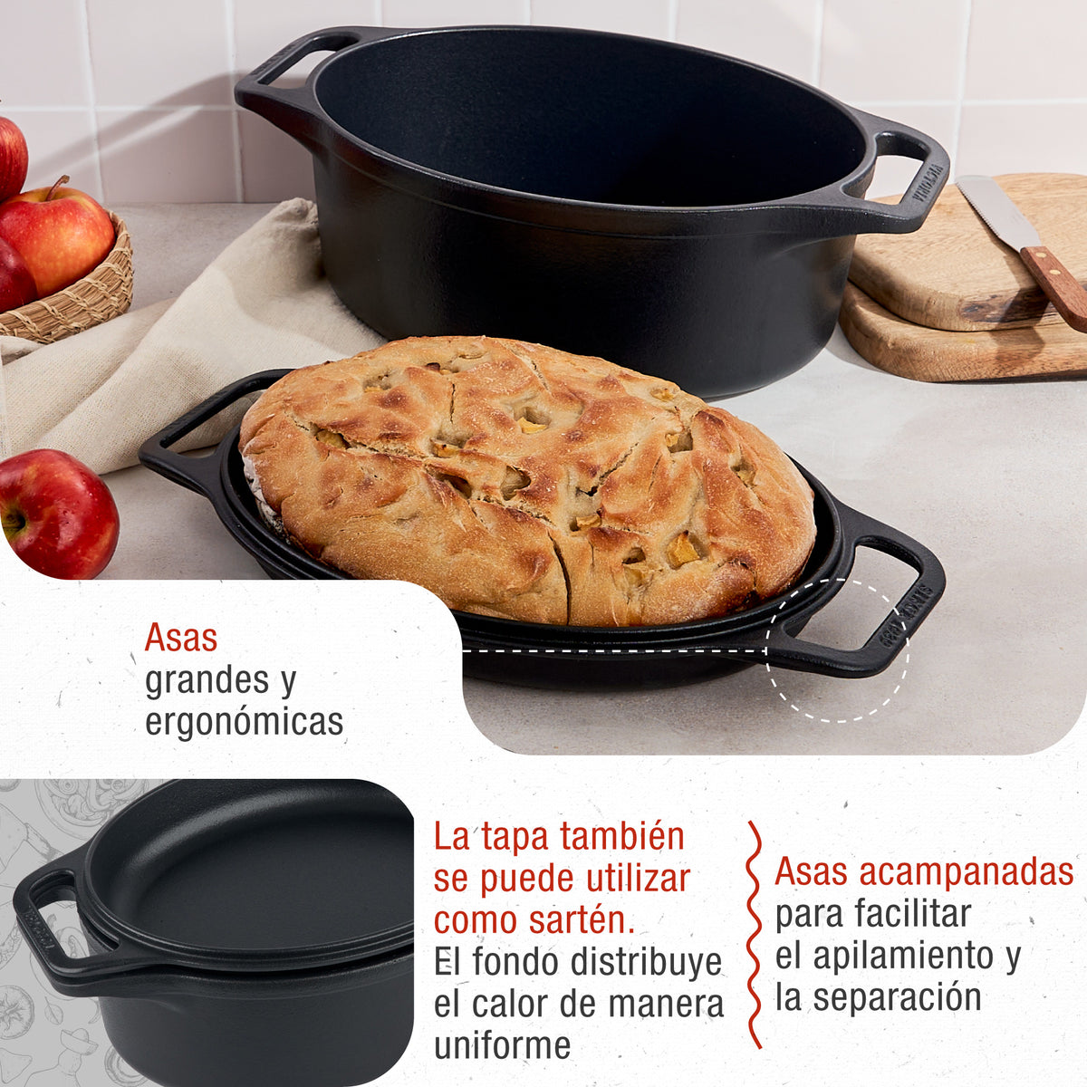 Horno Holandés Combo Hierro Fundido Curado Ovalado 5.7L