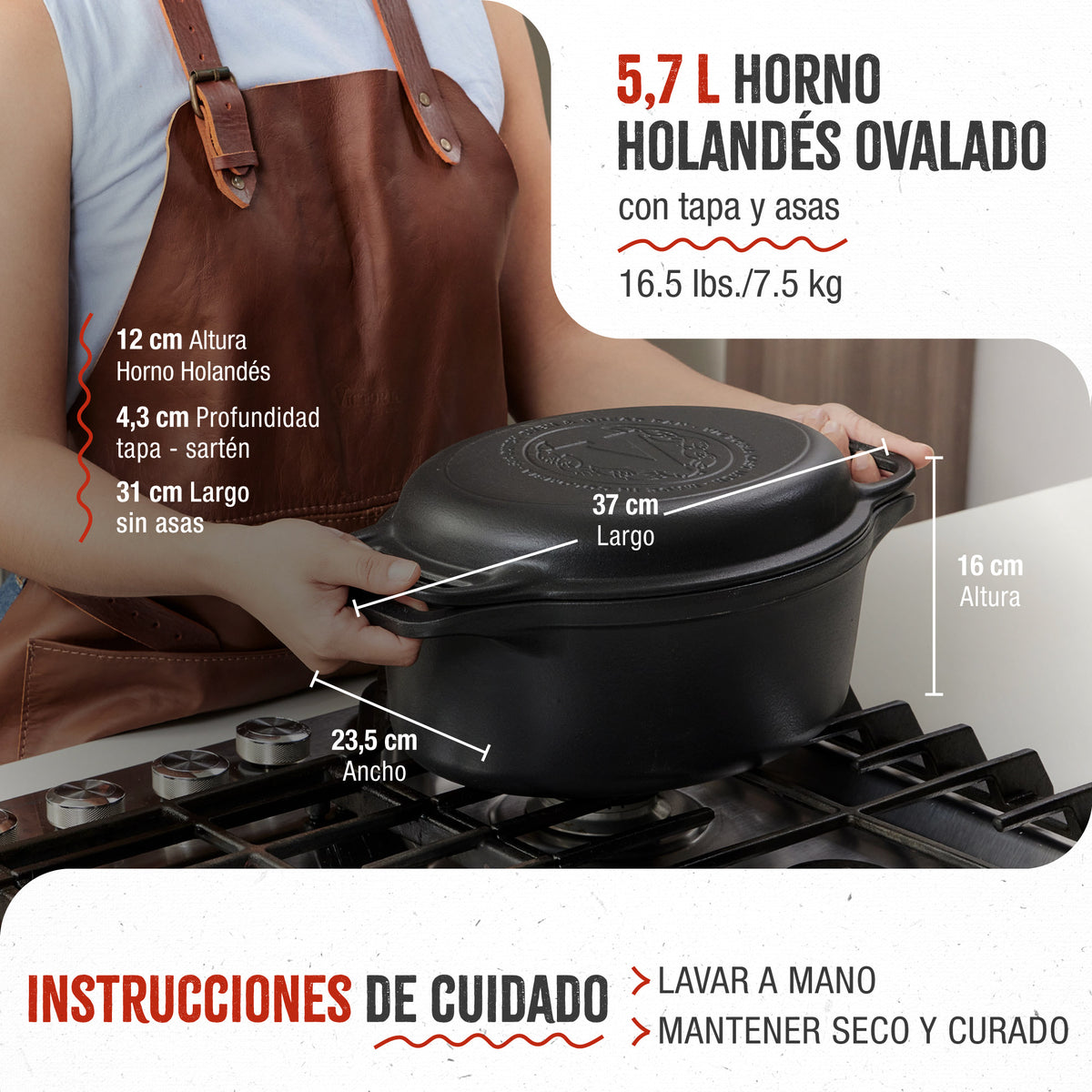 Horno Holandés Combo Hierro Fundido Curado Ovalado 5.7L