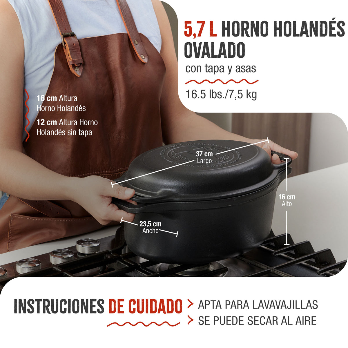 Horno Holandés Combo Hierro Fundido Esmaltado Ovalado 5.7L