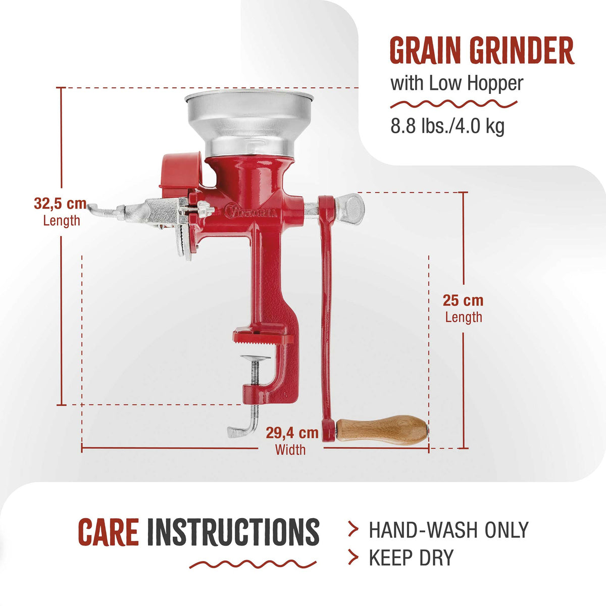 Moulin à Grains Manuel en Fonte avec Trémie Basse Rouge