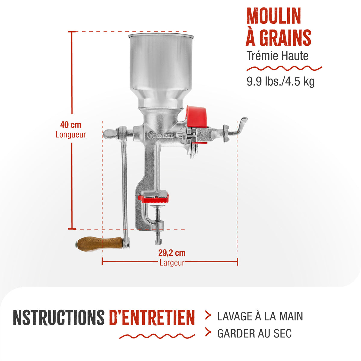 Moulin à Grains Manuel en Fonte avec Trémie Haute