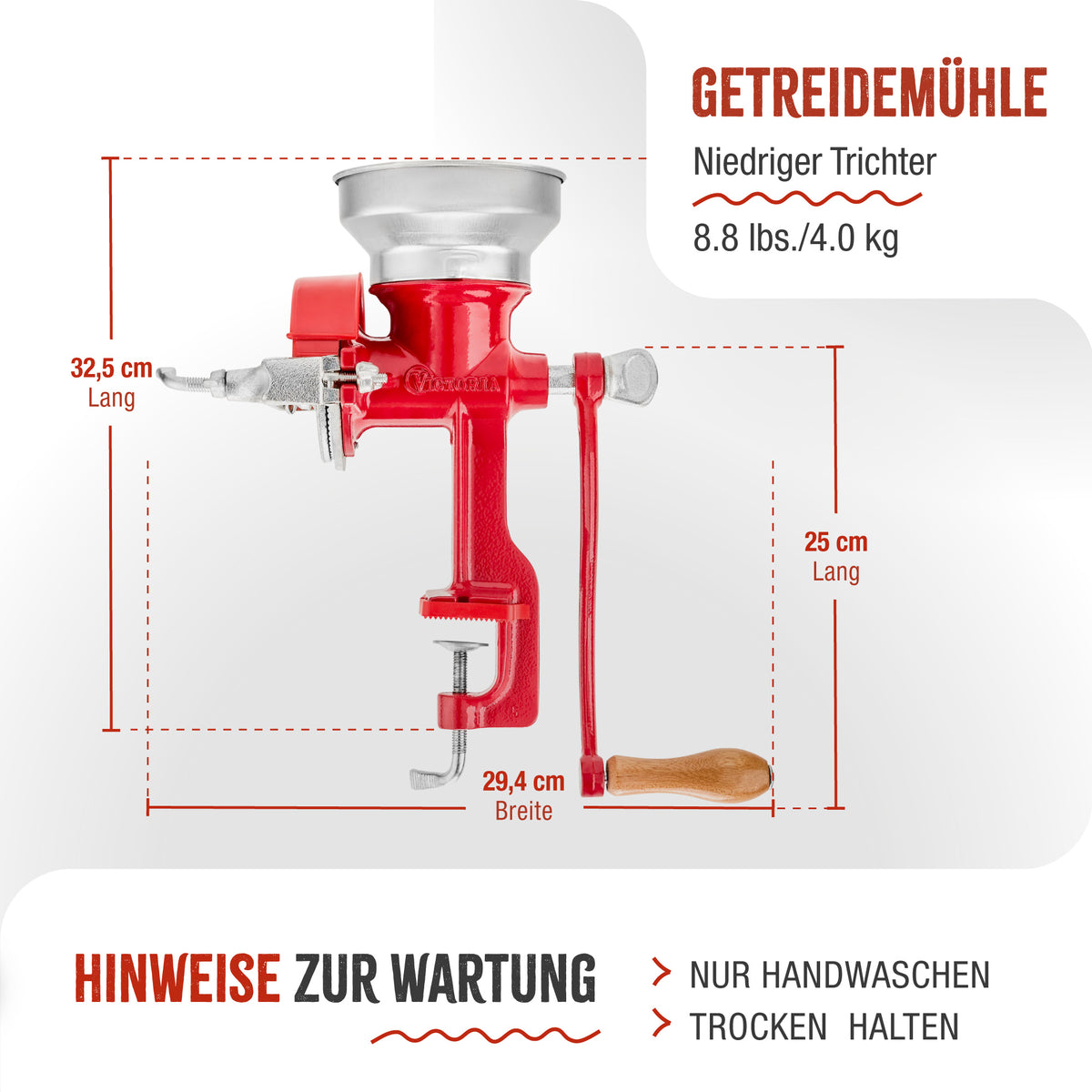 Getreidemühle Manuelle Gusseiserne Niedriger Trichter Rot
