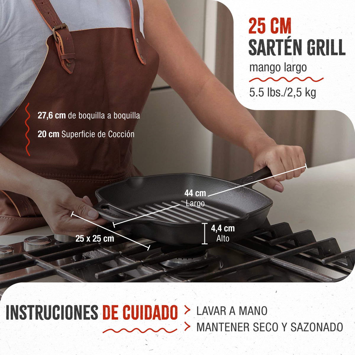 Sartén Grill Hierro Fundido Curado 25x25cm