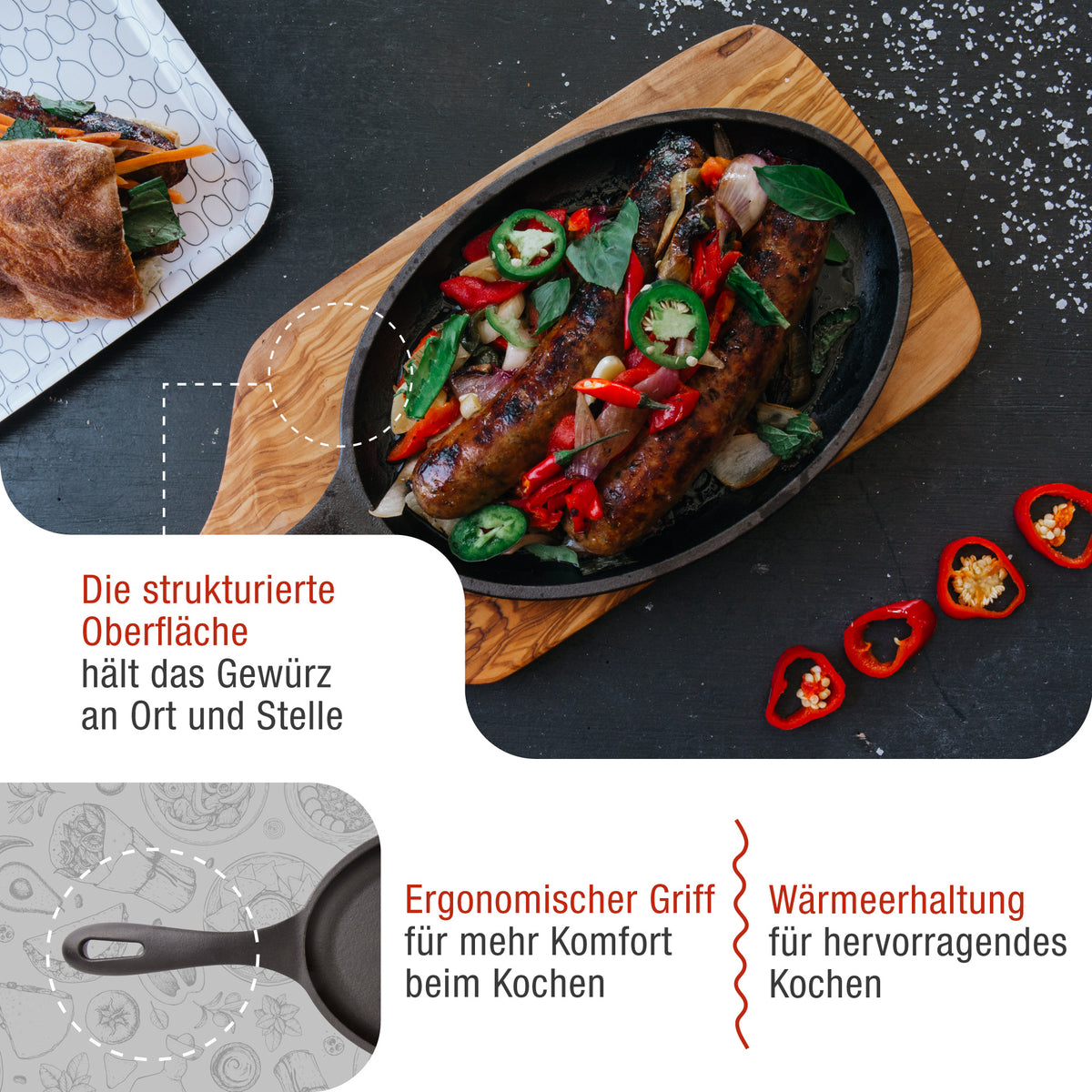Fajita-Pfanne Gusseisen Eingebrannte 25x18 cm