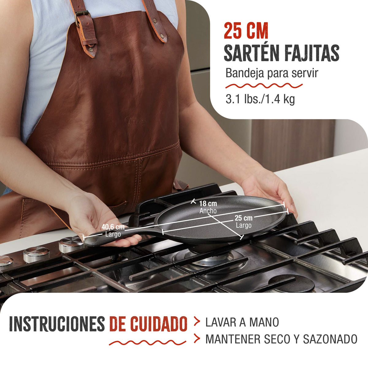 Sartén Fajita Hierro Fundido Curado 25x18cm