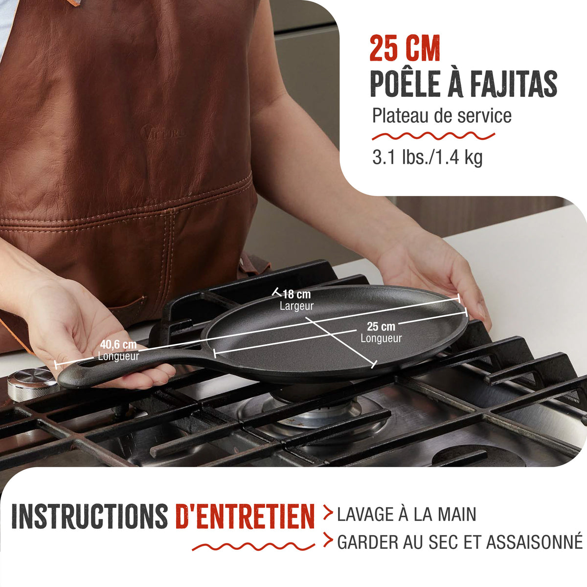 Poêle pour Fajitas en Fonte Assaisonné 25×18 cm