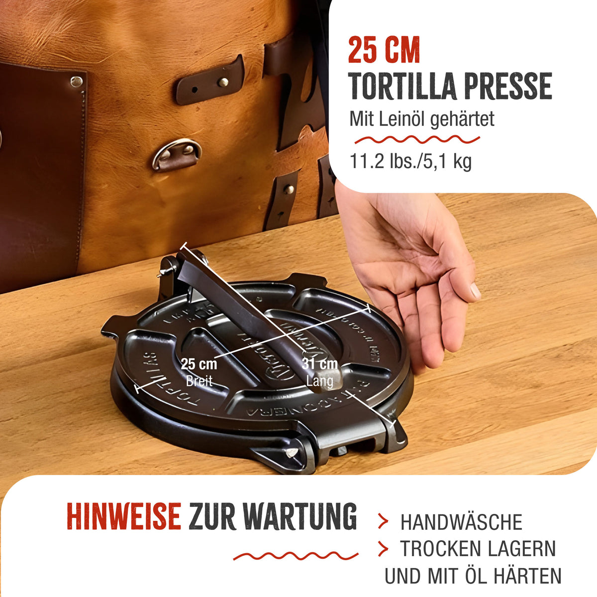 Pataconera-Tortillapresse Gusseisen HD Eingebrannte Ø 25 cm