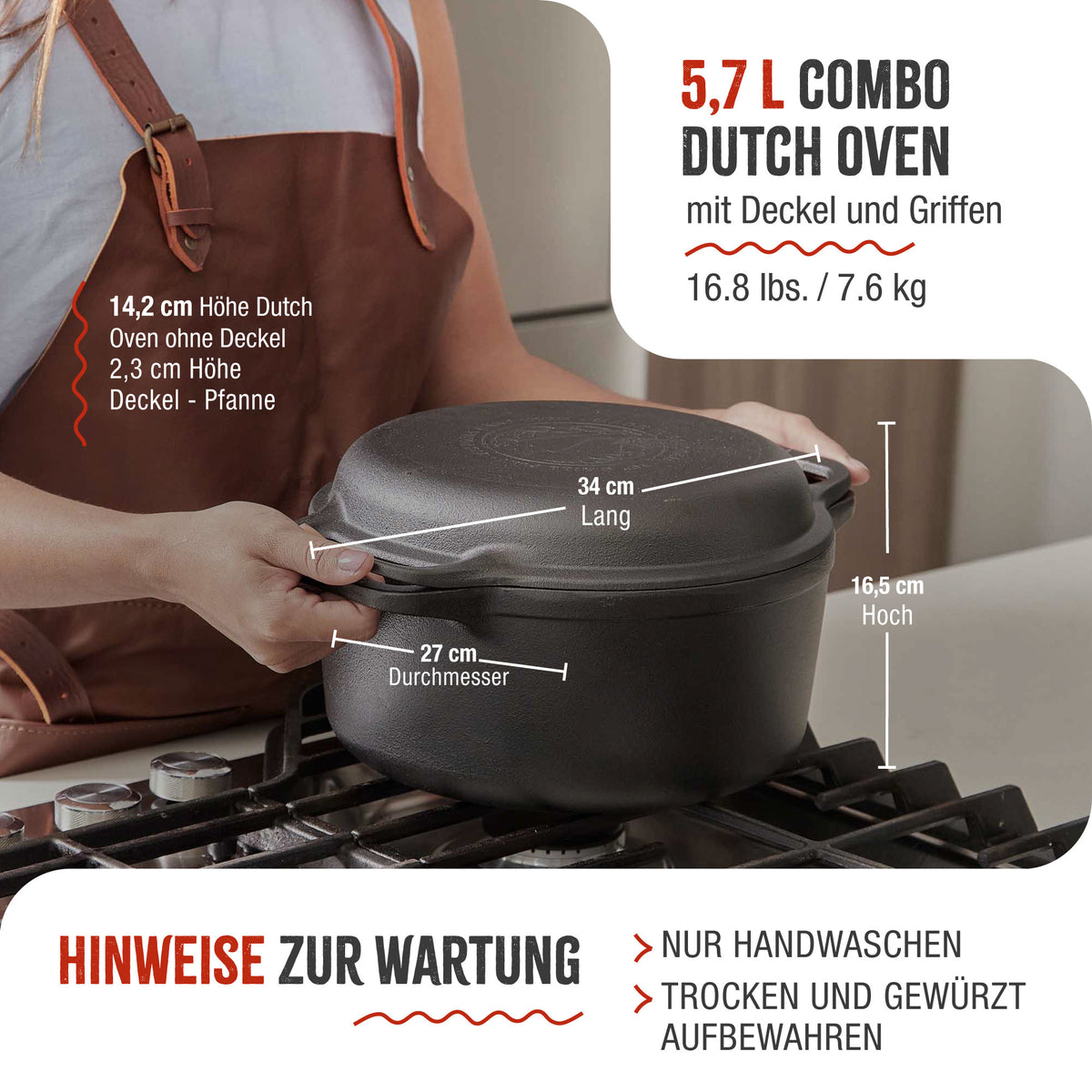 Dutch Oven Combo Gusseisen Eingebrannte 5.7 L