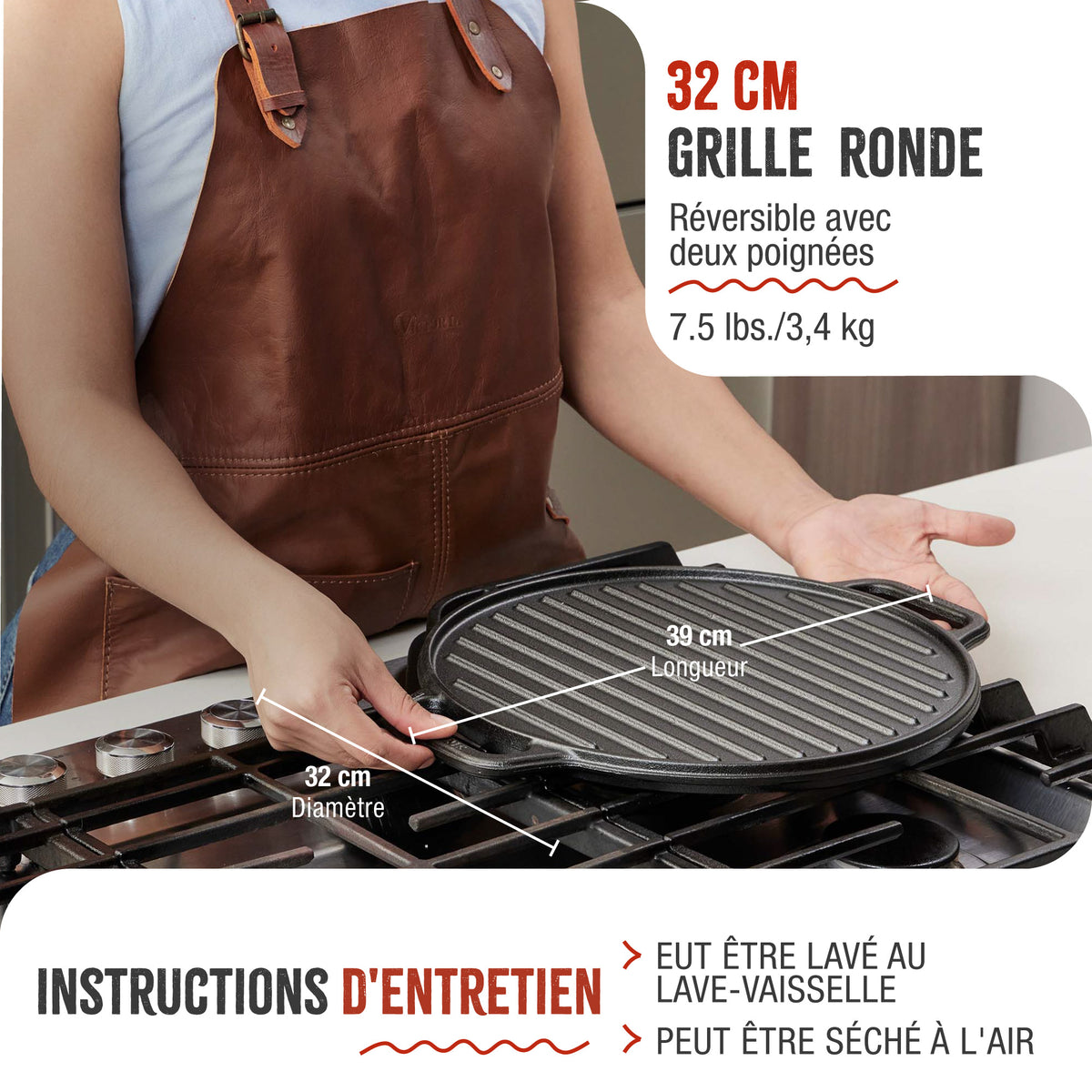 Plaque à Griller Réversible Ronde en Fonte Émaillée Ø32 cm