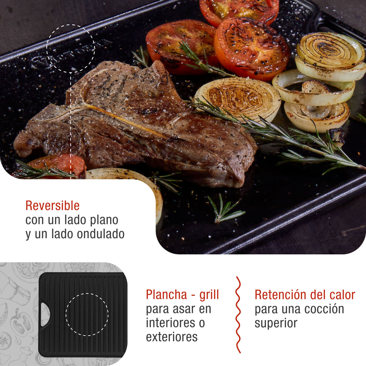 Plancha Asar Reversible Hierro Fundido Esmaltado 47x25cm