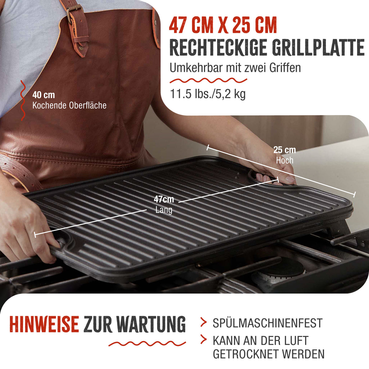 Wendbare Grillplatte Emaillierte Gusseisen 47x25 cm