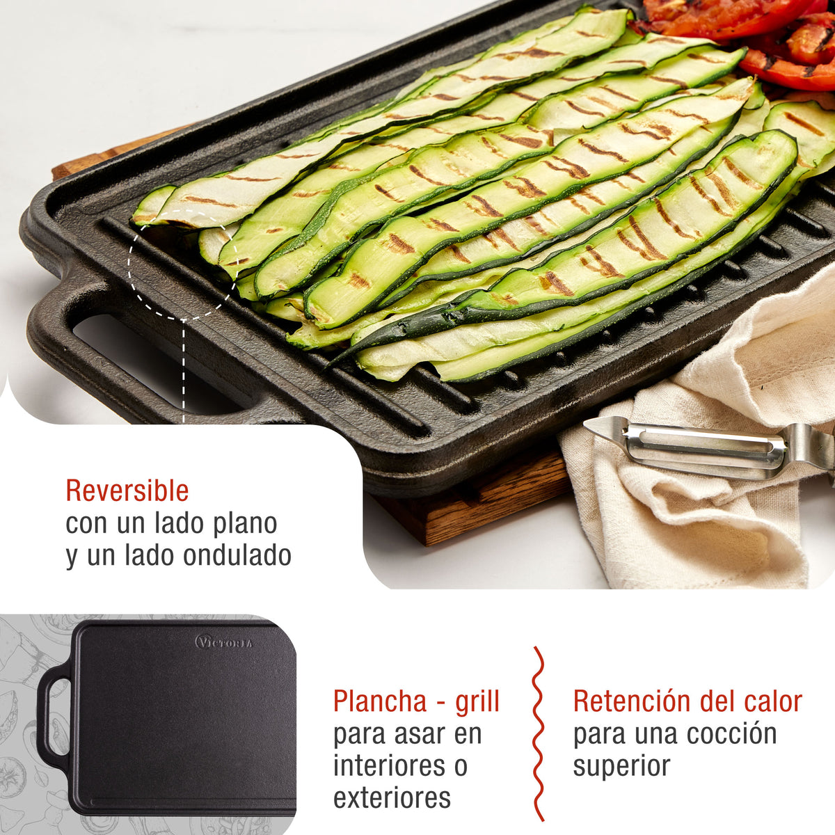 Plancha Asar Reversible Hierro Fundido Esmaltado 33x21cm