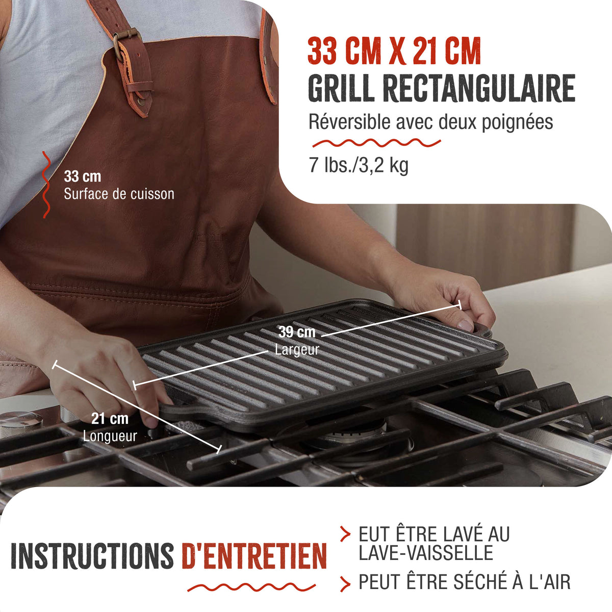 Plaque à Griller Réversible en Fonte Émaillée 33×21 cm