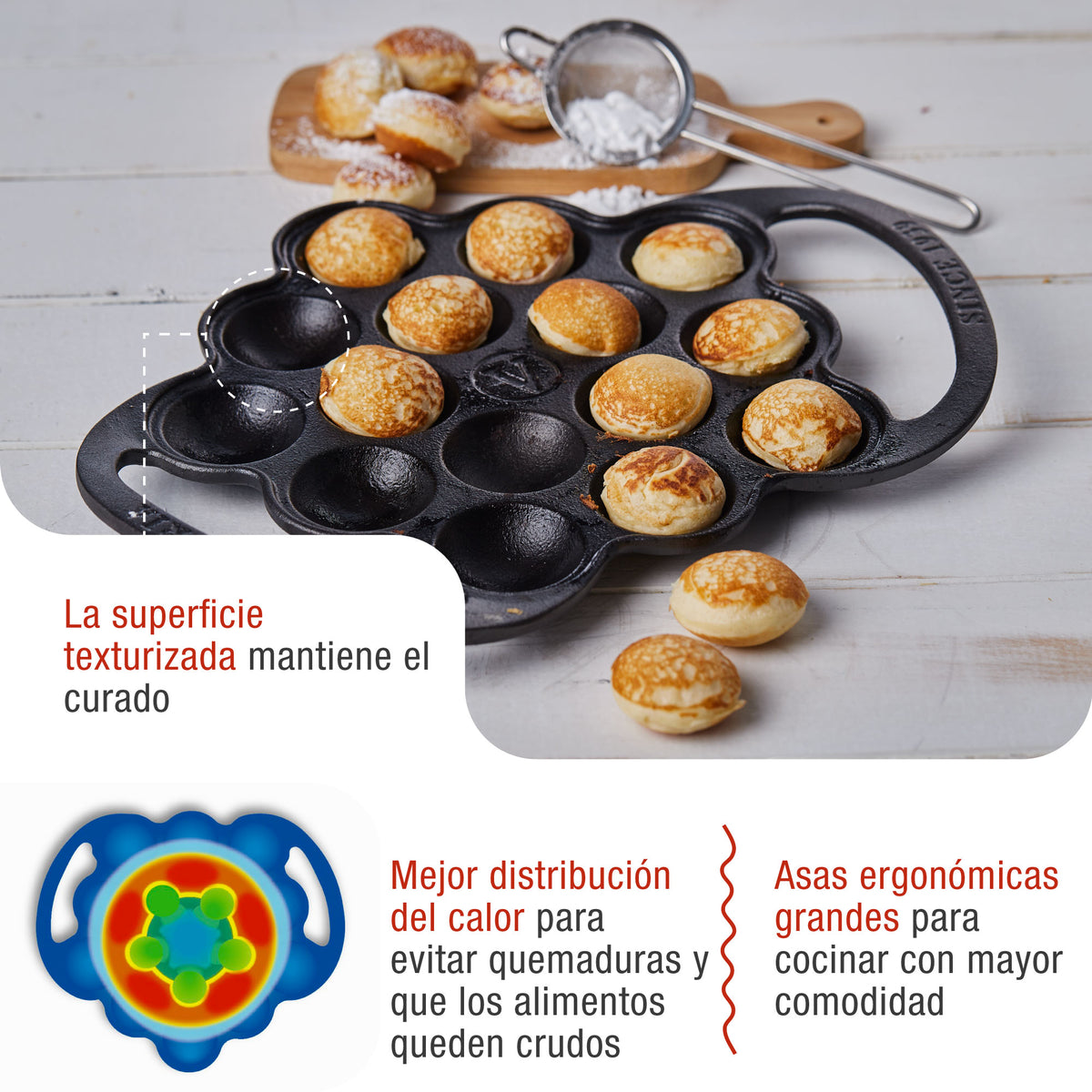 Provoletera Sartén Hierro Fundido Esmaltado 15 Huecos para Poffertjes y Takoyaki