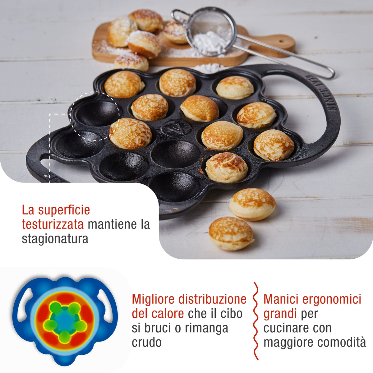 Padella per Poffertjes in Ghisa Smaltata 15 Fori per Takoyaki Provoletera