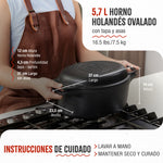 Horno Holandés Combo Hierro Fundido Curado Ovalado 5.7L