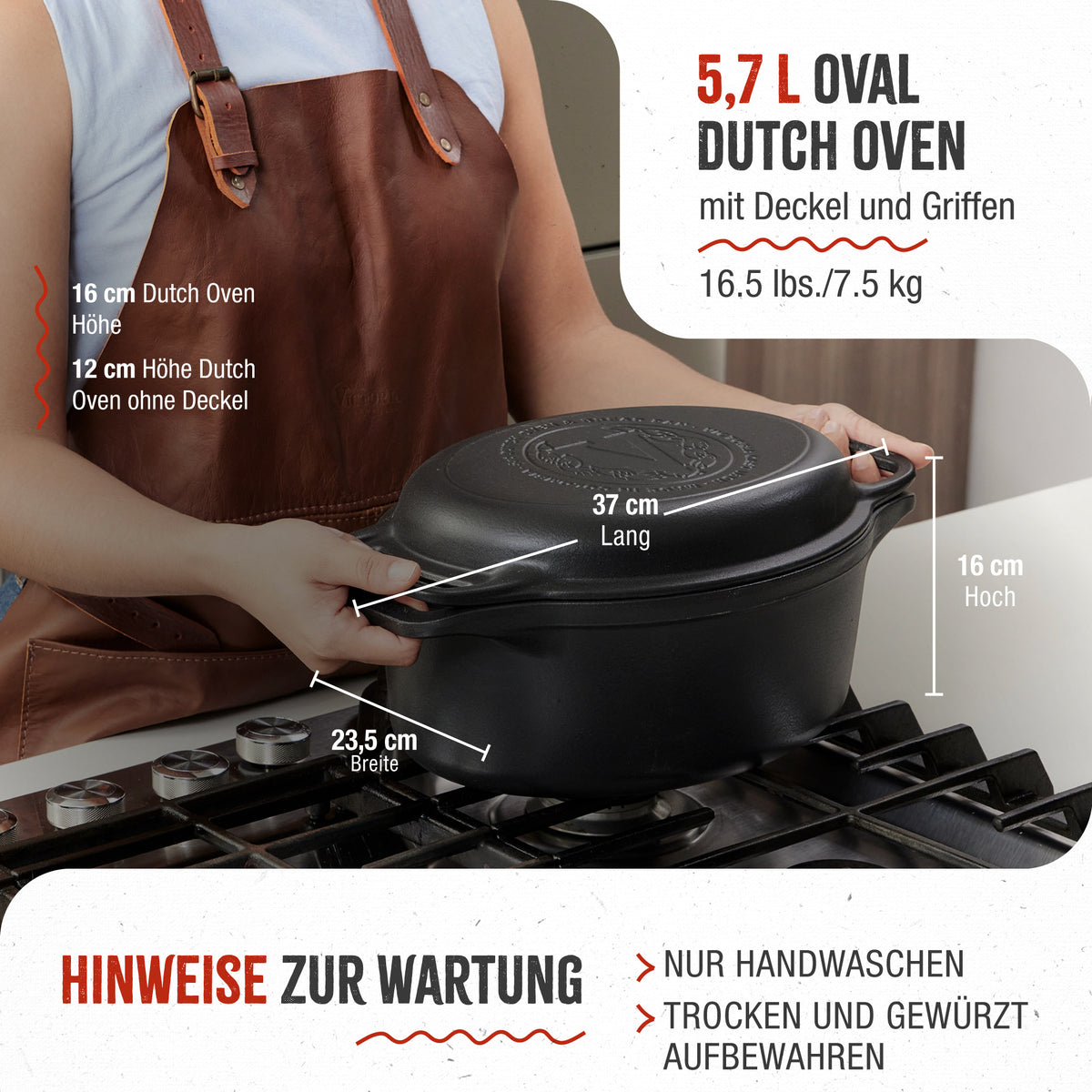 Dutch Oven Combo Gusseisen Eingebrannte Oval 5.7 L