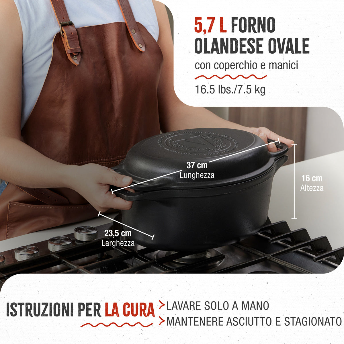 Forno Olandese Pentola Combo Ovale in Ghisa Stagionata 5.7 L